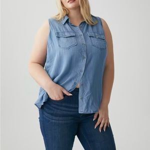 Sleeveless button up denim shirt